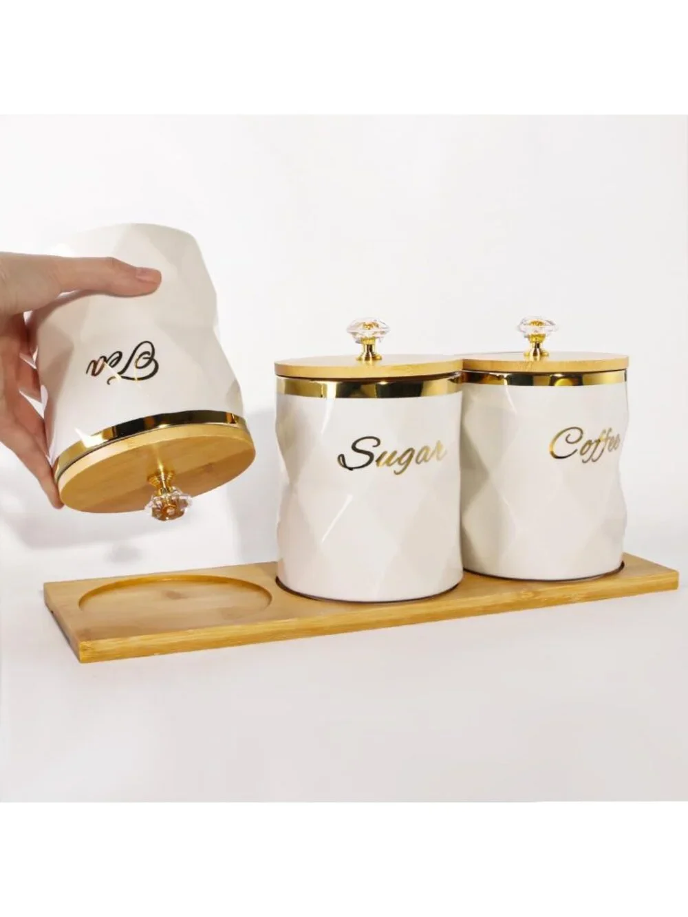 Set of 3 White Ceramic Canisters with Bamboo Lids - Airtight Storage for Coffee